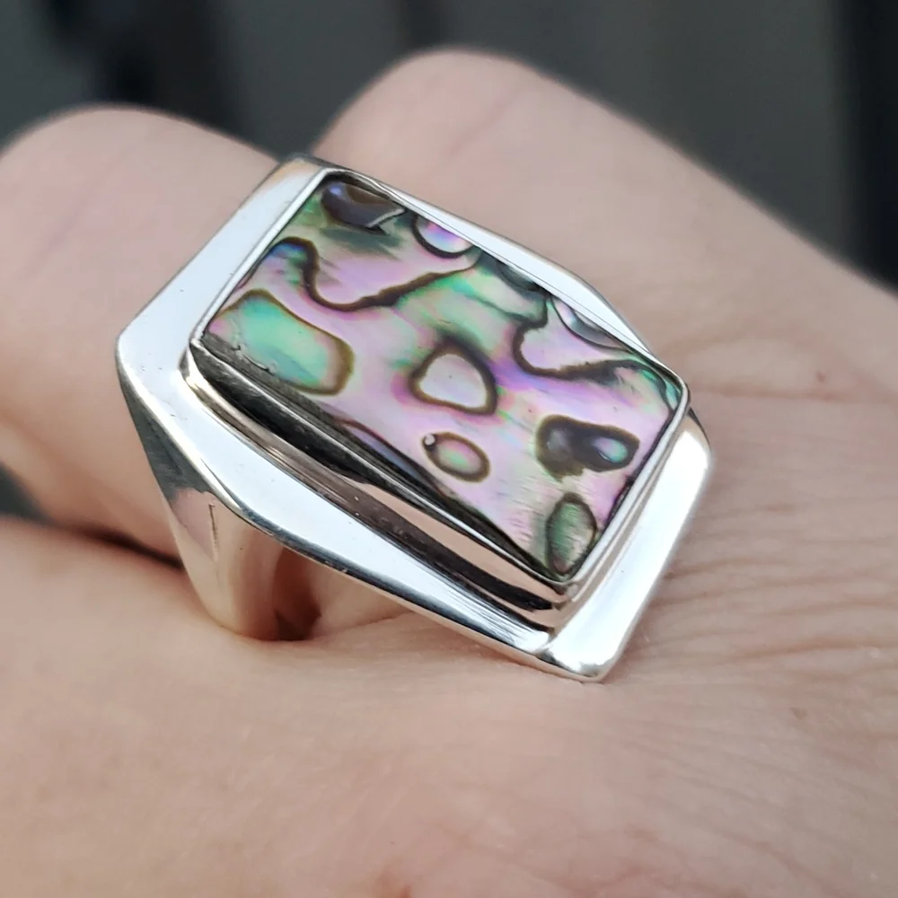 New Men's Abalone Shell 925 Silver Ring.